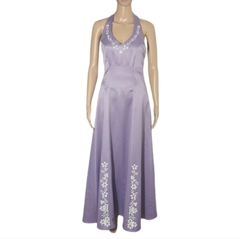 Vintage 90s Seasons Design Inc Lilac Silver Halter Prom Dress Embellished Size M - Picture 2 of 13
